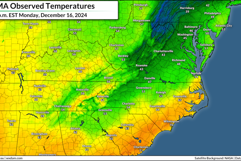 How are the Appalachians ten degrees warmer than lower elevations today?