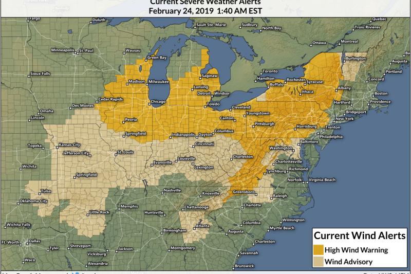 Power Outages Likely as Intense Winds Blow Across Much of the Eastern U.S. on Sunday