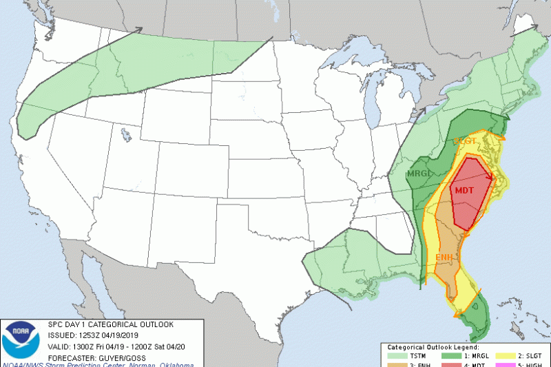 Storms With 70+ MPH Winds Possible in Carolinas and Virginia on Friday