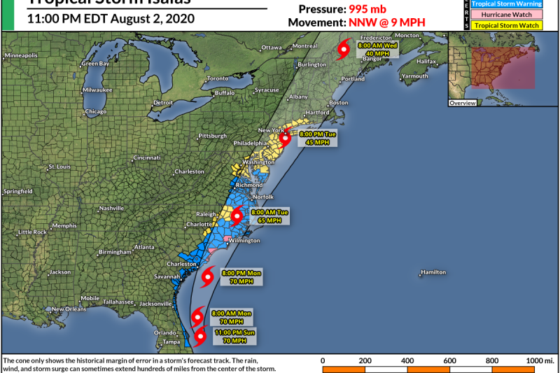 Isaias Flirts With Hurricane Strength; Monday Night Landfall In Carolinas Likely
