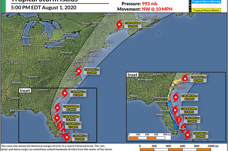Hurricane Warnings Continue For Florida As Struggling Isaias Approaches Land