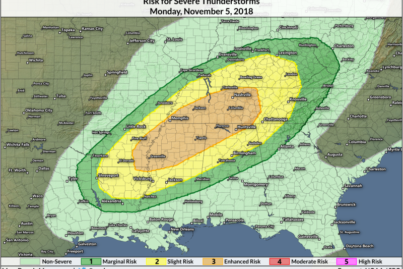 Nighttime Severe Thunderstorms and Tornadoes Are Likely Tonight in the South