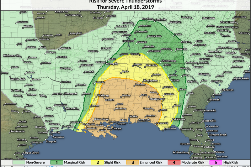 Nighttime Severe Thunderstorms Are Possible in Mississippi and Alabama on Thursday
