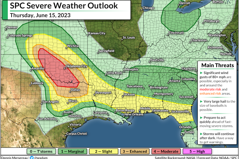 Baseball size hail and 80+ mph winds likely on the southern Plains Thursday