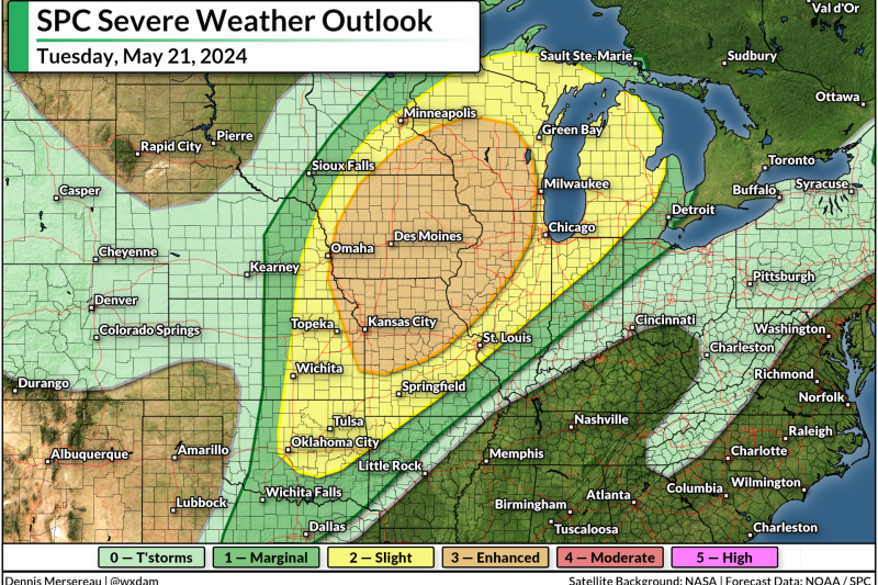 Severe storms may produce strong tornadoes in the Midwest on Tuesday