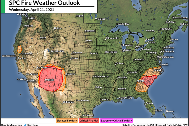 Dry, Windy Conditions Increase Wildfire Risk In Southeast And Southwest On Wed. & Thur.